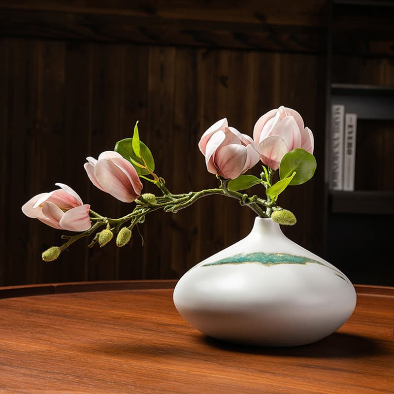 Artificial Magnolia Branches Living Room Fake Flowers Bud Magnolia Bouquet Zen Ceramic Vase Set Arrangement Display Decor