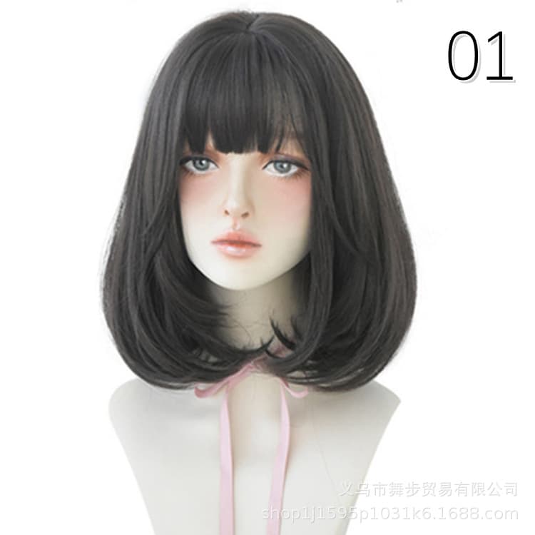 Wig Women's Short Hair Japanese and Korean Cross-border Wig Fluffy Bobo Head Air Bangs High Temperature Silk Micro Roll Inner Buckle Wig