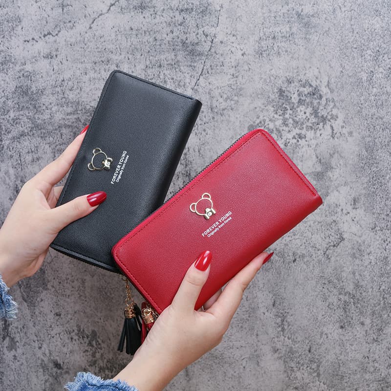 Fashionable Bear Zipper Wallet Long Ladies Handbag Stylish Korean Version PU Leather Money Clip Medium Length Sweet Style