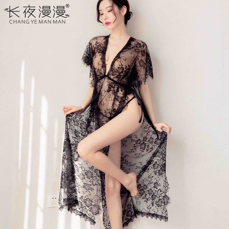 Long Night Lingerie Foreign Trade European and American Long Slit Black See-Through Eyelash Lace Trim Nightgown Drop Shipping