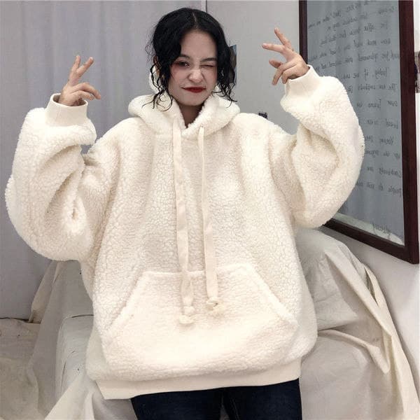 Fleece-Lined Thick Hooded Sweatshirt for Women Winter Korean Loose Casual Pullover Solid Color Coat