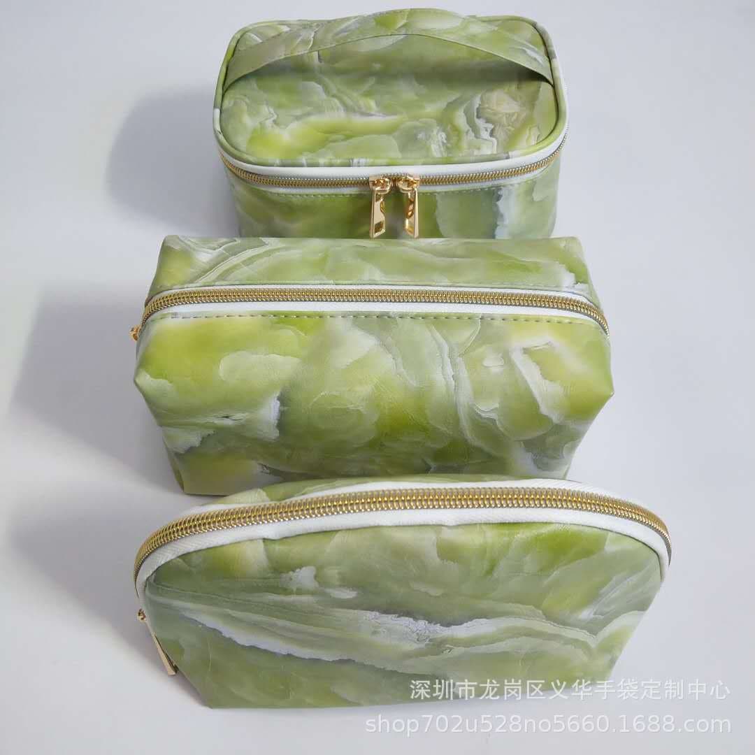 Factory supply large quantities of premium marble pattern PU makeup bag three-piece set, transparent storage multi-functional travel toiletry