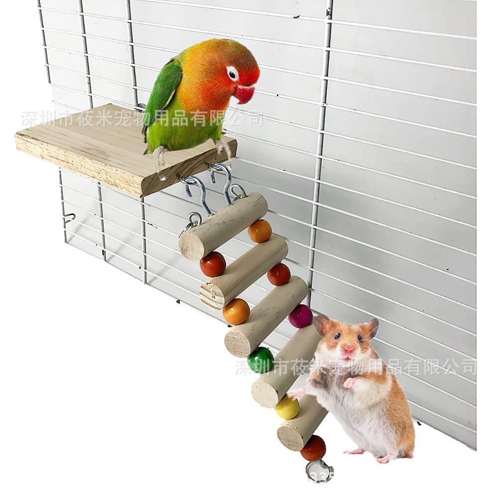 Small Parrot Hamster Natural Wood Ladder Platform Climbing Stairs Jumping Stand Chew Toy 2-Piece Set 84g