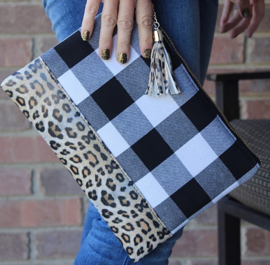 European and American Hot Seller, Checkered Fabric Leopard Print Patchwork Clutch Bag