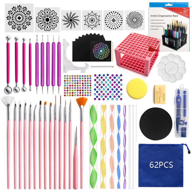 62-Piece Mandala Tool Set Graffiti Decoration 96-Hole Paintbrush Holder Drawing Template Acrylic Plastic Paper Metal Nylon