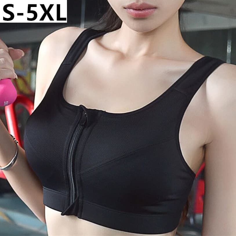Plus-size front-zip sports bra, wire-free push-up yoga fitness anti-shock running women's underwear backless vest.