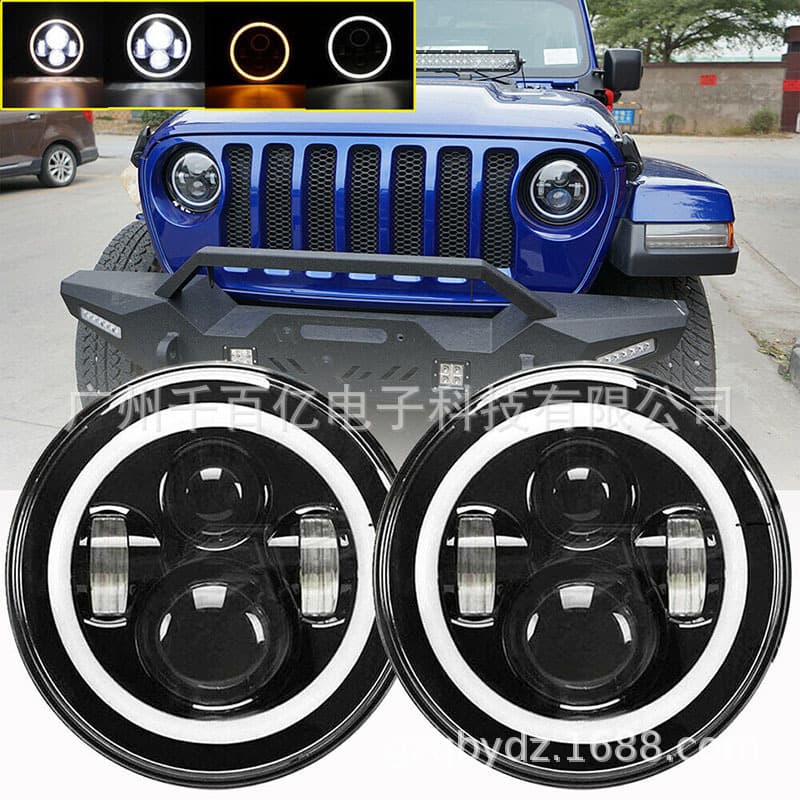 Suitable for Jeep Wrangler 7-inch LED headlights, Harley-Davidson motorcycle LED headlights, dual-color halo headlight retrofit.