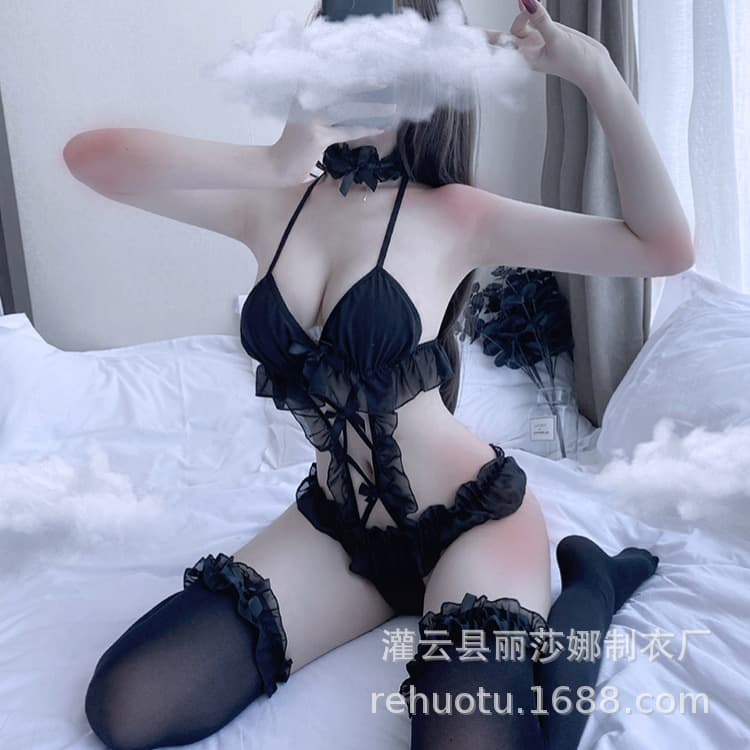 Rehuotu New Ruffle Neck Halter Bodysuit Lingerie Set Sexy Temptation Princess Soft Cute Sexy Lingerie