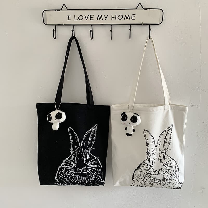 Large Capacity Canvas Bag Women's Single Shoulder Student Japanese Style Cute Cartoon Print Cloth Bag Soft Tote Bag with Zipper