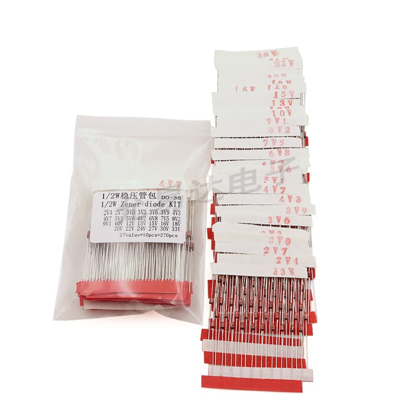 Component pack of 1/2W 0.5W through-hole Zener diodes, 27 types from 2.4V-33V, total 270 pieces.