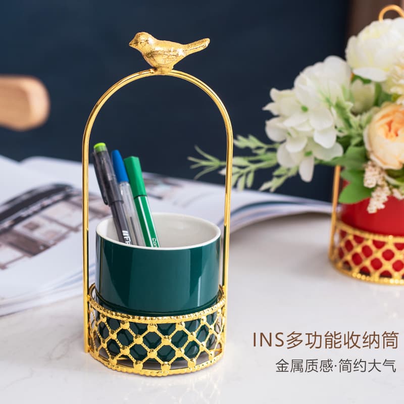 Metal Flower Basket, Gold-Plated Iron Art, Ceramic Packaging, Floral Display Stand, Simple and Luxurious Ornament, Wholesale Home Holiday Gift