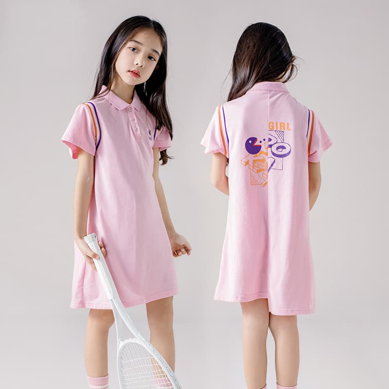 Girls' Summer Dress New Cotton Polo Dress Pink Short Sleeve T-Shirt Sweet Princess T-Shirt Dress for Middle and Older Children