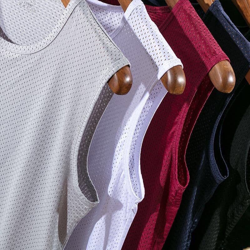 Ice Silk Vest for Men, Thin Style, Mesh Holes, Breathable, Quick-Dry, Wide Shoulder, Sleeveless T-Shirt for Summer