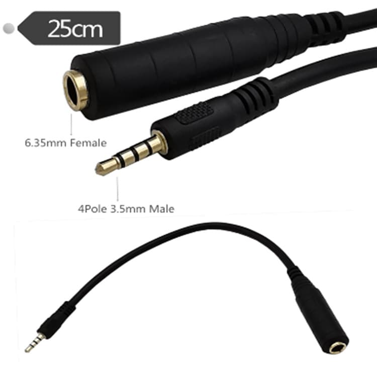 Gold-Plated 3.5mm 4-Pole Male to 6.35mm Female Audio Cable for Amplifier, Mixer, Guitar, Microphone