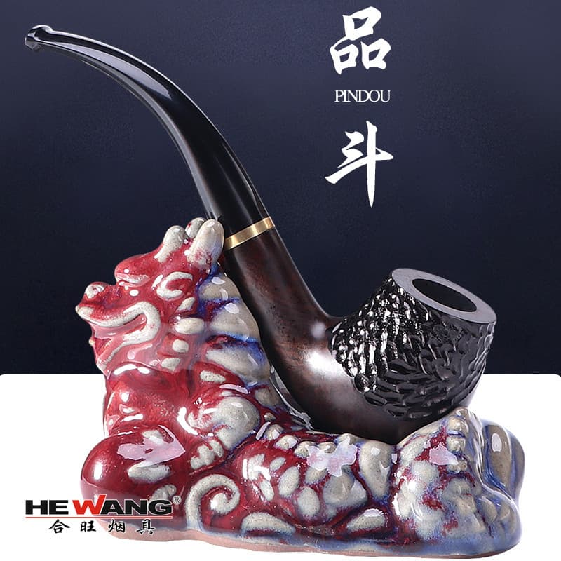 Wholesale Hewang Pipe Handmade Solid Wood Tobacco Pipe Black Ebony Wood Old-fashioned Dry Pipe 9mm Filter Smoking Set for Men