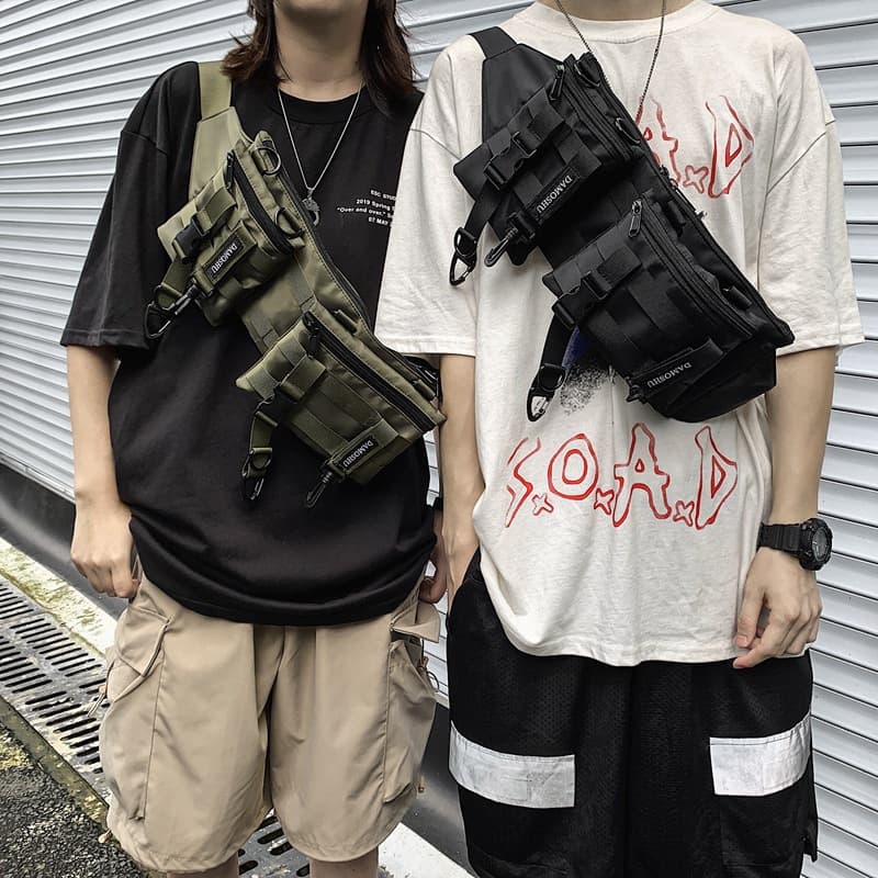 Dark-themed tactical combination waist bag for men, street style, cool and functional, detachable crossbody bag, workwear, couple's trendy bag