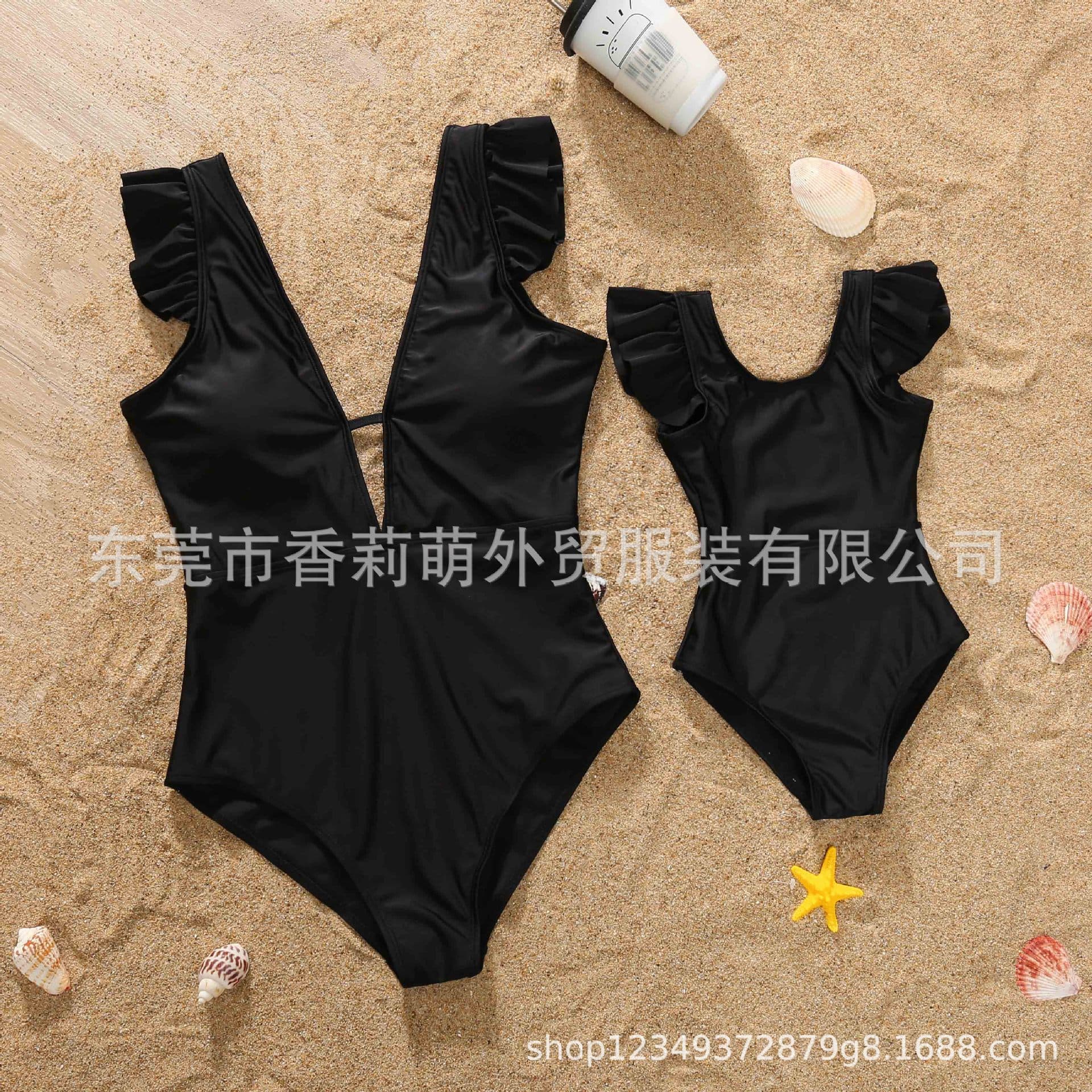 Amazon 2021 New Parent-Child Swimwear Mother-Daughter Solid V-Neck One-Piece Swimsuit Mom and Daughter Factory Stock