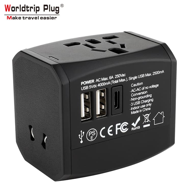 2 USB + Type-C Multi-Country Travel Adapter 4A Plug Converter for Apple Huawei Phone Charger