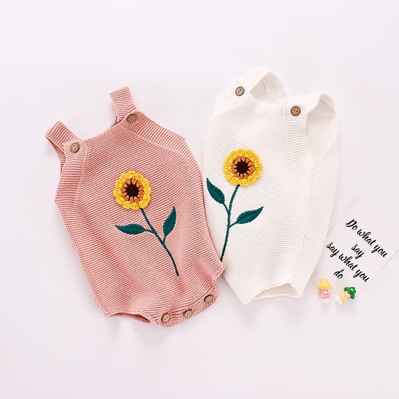 2025ins Autumn baby girl baby infant child sunflower suspender belt knitted one-piece suit with butt-covering triangle crawl suit