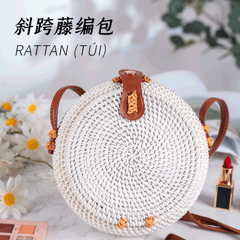 Vietnamese Rattan Handwoven Shoulder Bag, Round Small Crossbody Beach Bag for Women, Casual Outing Wholesale