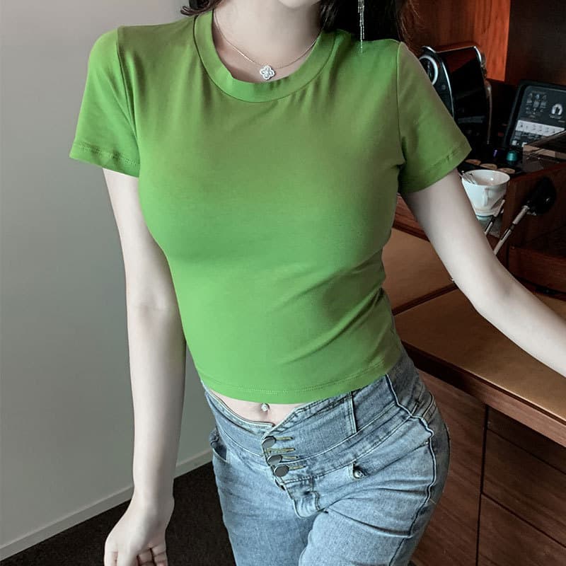 Cropped T-Shirt Short Sleeve Korean Style Inner Round Neck T-Shirt Women's Summer 2023 New Short Top 042
