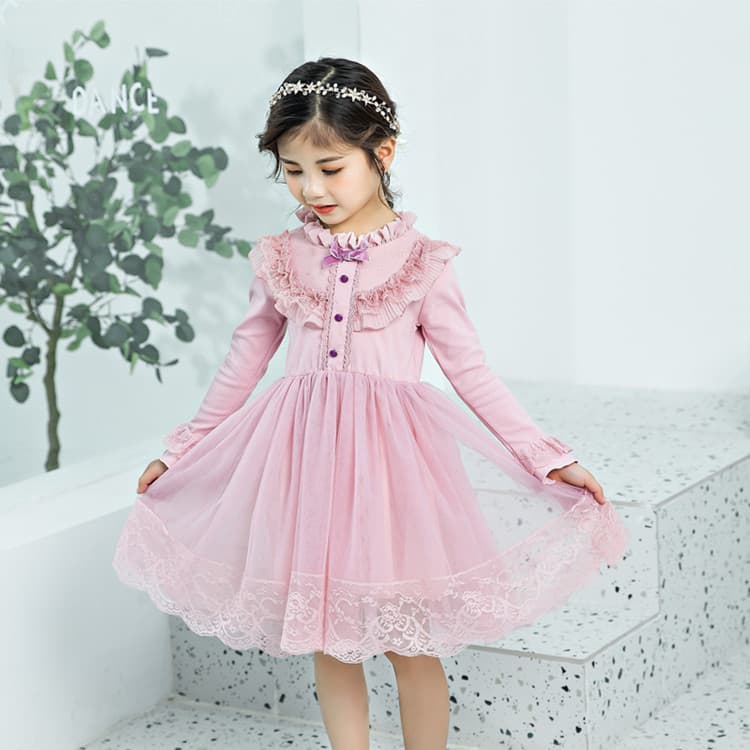 Spring Autumn New Girls' Dress Two Colors Lace Trim Princess Dress Long Sleeve Tulle Skirt