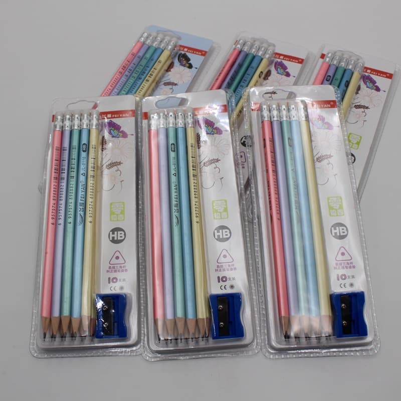 Wholesale HB Pencil with Eraser, 10-Pack, Colored Lacquer Barrel, Triangular Grip for Students, Office Stationery
