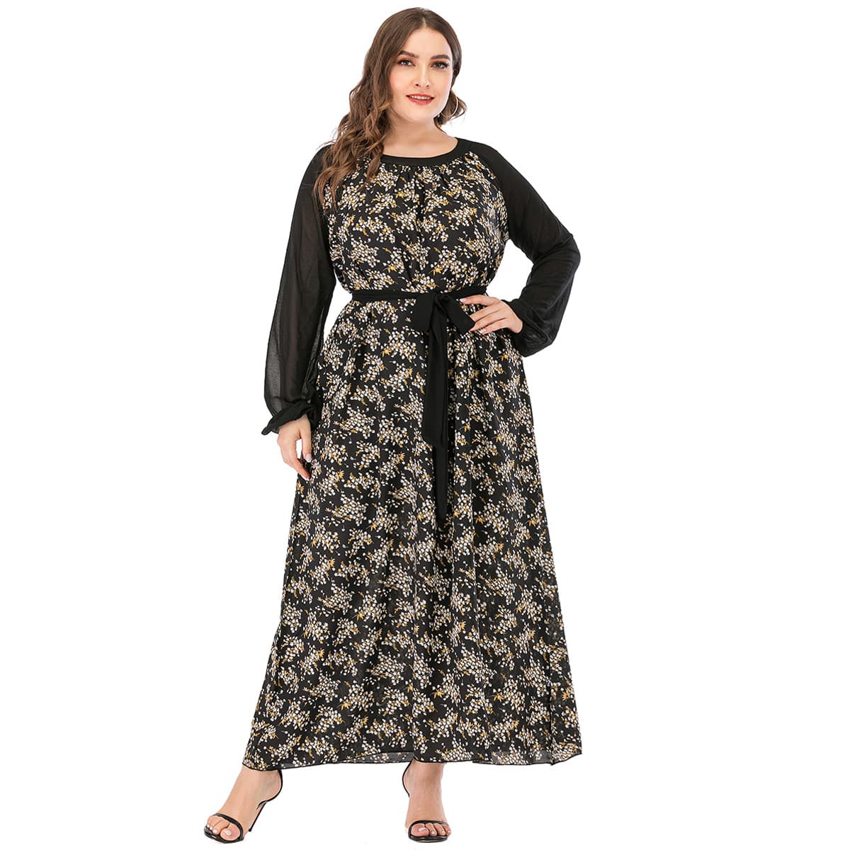 AliExpress Amazon Plus Size Women Fall New Round Neck Patchwork Long Sleeve Contrast Print Sheer Plus Size Dress