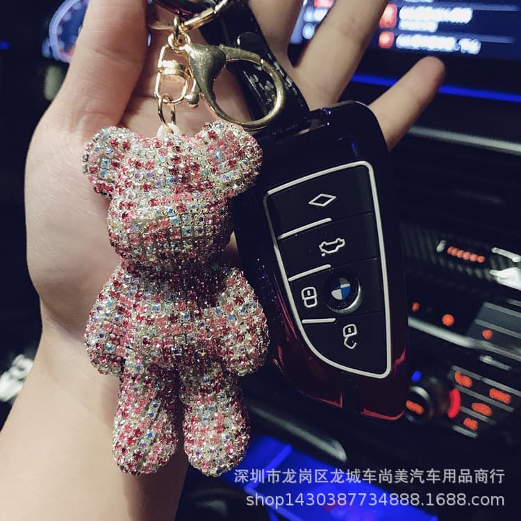 Car keychain with rhinestone-encrusted bear keychain, car key pendant, small bear key chain, full rhinestone ornament