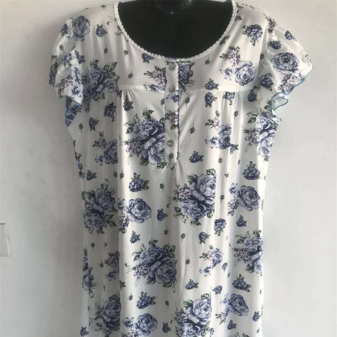Factory Wholesale Summer Nightgown for Women, Round Neck Floral Short Sleeve Milk Silk Loose Plus Size Nightgown Hospital Patient Gown