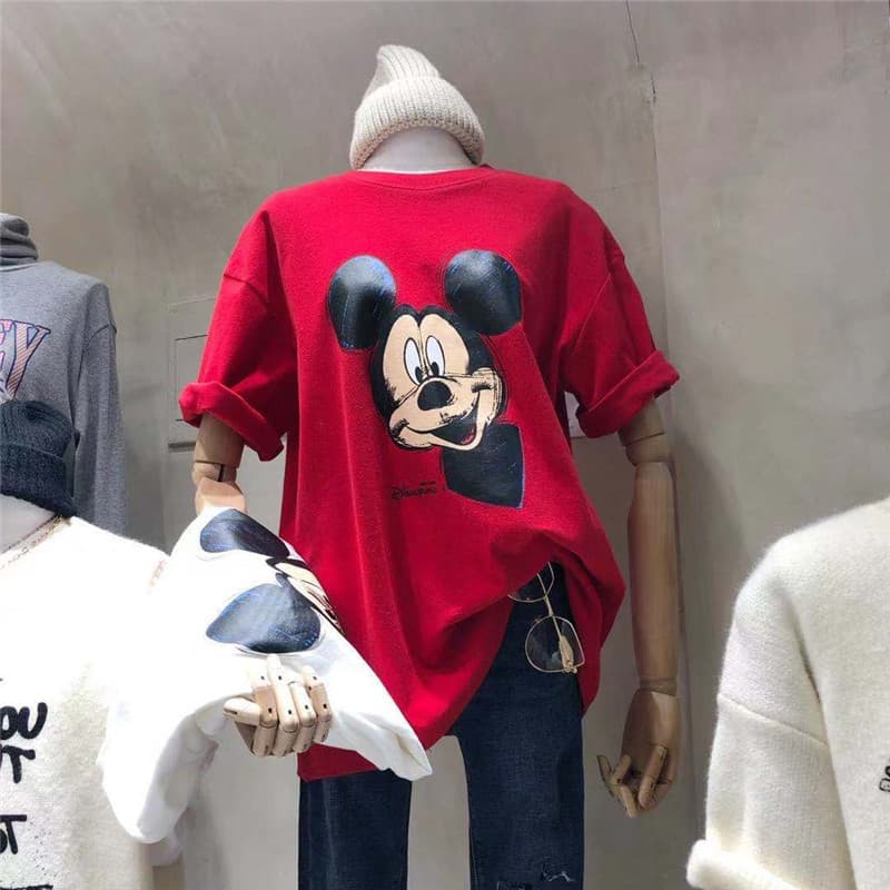 2026 New Women's T-Shirt Summer Women's Clothing Korean Loose Plus Size Mid-Length Mickey Short Sleeve T-Shirt