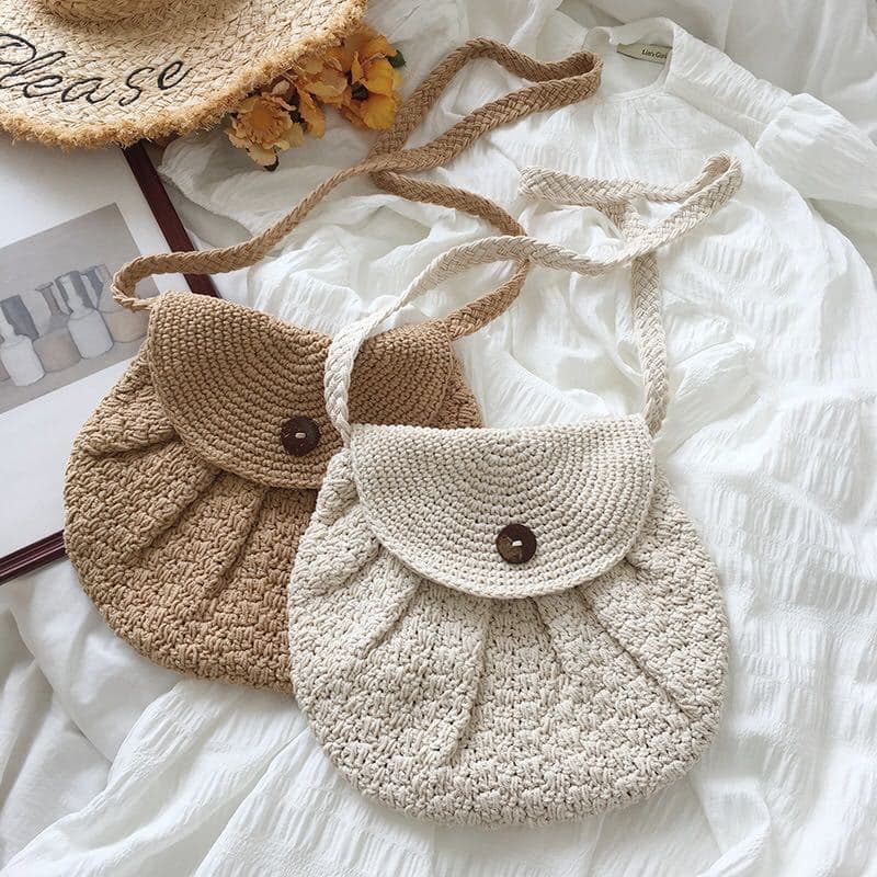 Forest style literary retro woven cotton bag flip half-moon bag semi-round bag Korean chic cotton crossbody bag