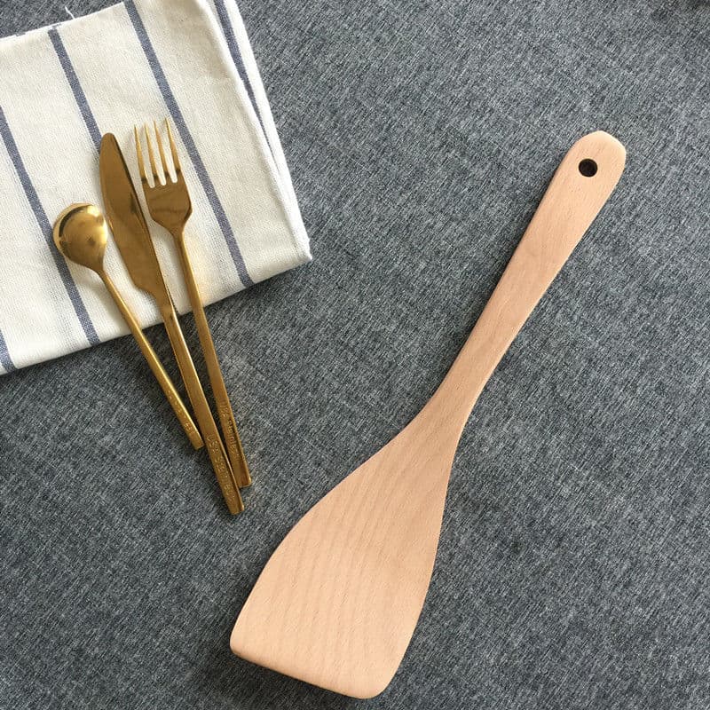 Boreine Wooden Kitchen Utensils, Beech Wood Spatula, Non-Stick Pan Compatible, Unpainted Wood Turner & Spoon