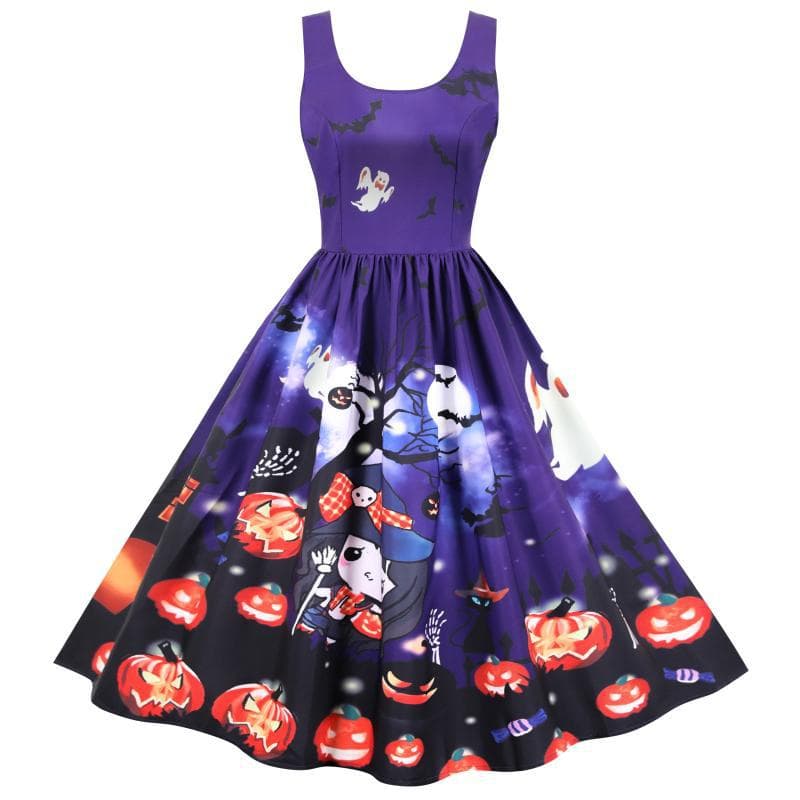 9351#Real shot of Amazon’s popular Halloween sleeveless printed waist slimming sexy suspender dress