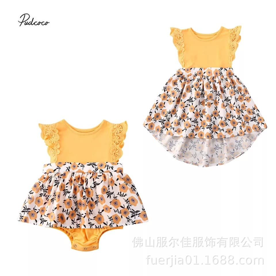 Cross-Border Trade INS Summer Hot Selling Children's Girls Sister Flutter Sleeve Bodysuit Dress Factory Direct