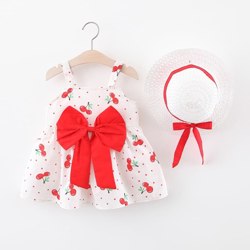 2021 Summer New Small Cherry Strap Straw Hat Skirt Girls Internet Celebrity Dress Korean Style Small Skirt with Bow