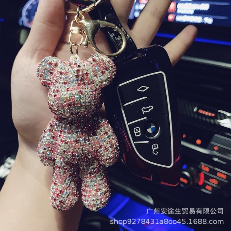 Car keychain with rhinestone-encrusted bear keychain, car key pendant, small bear key chain, full rhinestone ornament