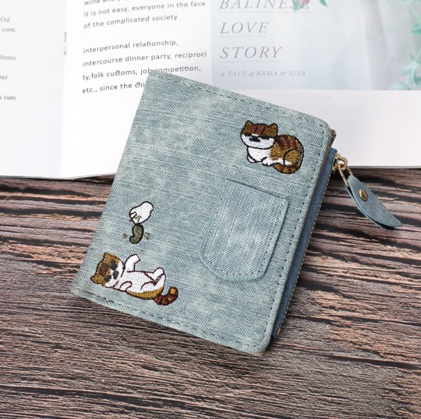 Women's Jeans Wallet Cat Embroidery Canvas Pattern Large Capacity Button Mobile Phone Pocket Decorative Lady's Bag