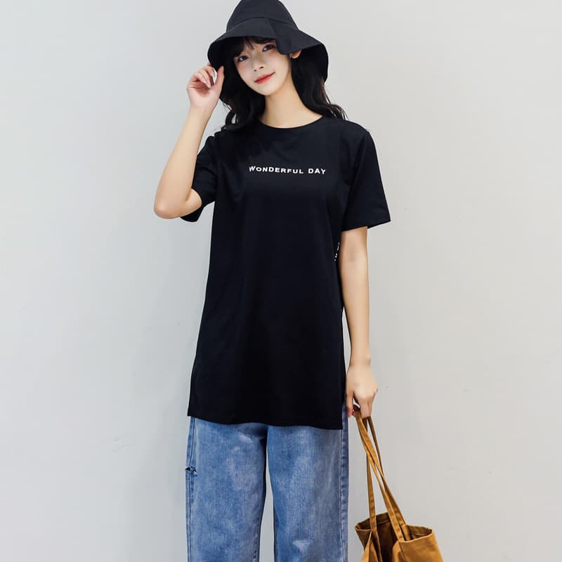 Summer Korean Style Women's Short Sleeve T-Shirt Cotton Mid-Length Letter Print Loose Fit Slimming Split Hem Tee ins Plus Size