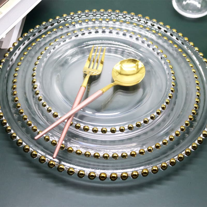 Manufacturer's glass gold beaded plate, glass beaded dish, Nordic style fashionable round Western-style dinner plate, banquet fruit plate