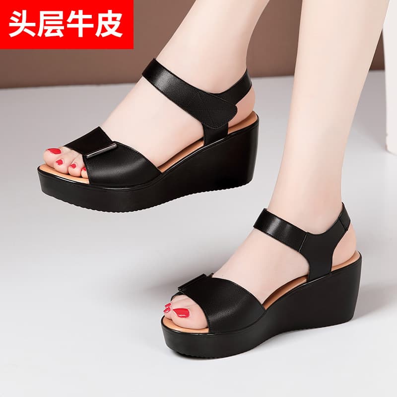 Women's Summer Wedge Sandals New Style Middle-aged and Elderly Genuine Leather Thick Sole Non-slip Soft Bottom Comfortable Plus Size Mother's Sandals