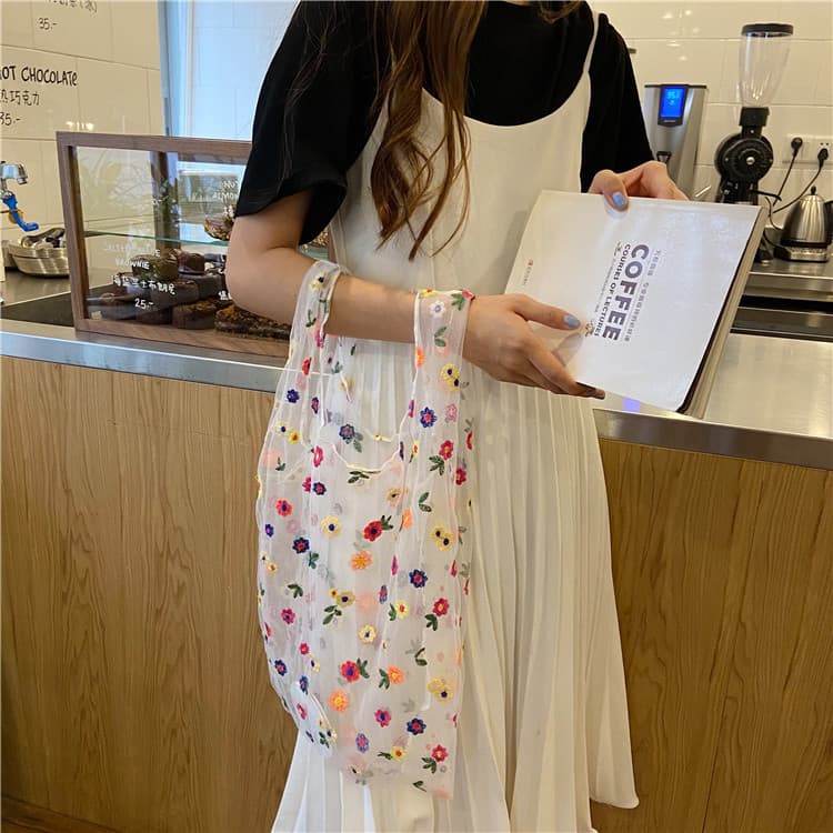 0492 New Style Mesh Embroidered Colorful Flower Fairy Bag, Cute and Fresh Mesh Handbag, Wholesale Source