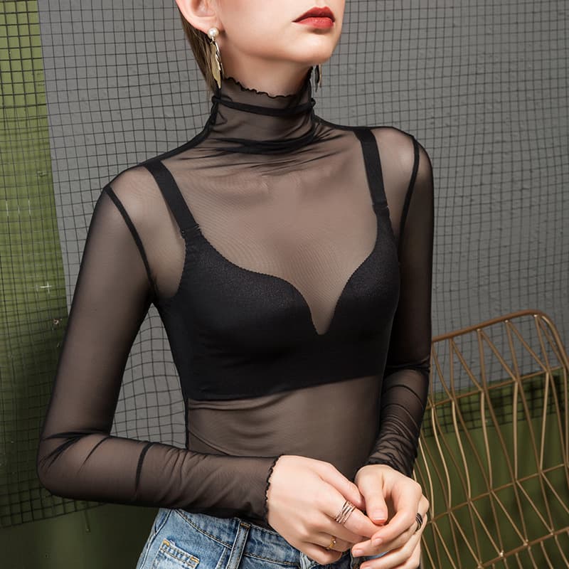 Spring New Style Black Pile Collar Mesh Bottoming Shirt for Women See-Through Sexy High Collar Western Style Long-Sleeved Bottoming Shirt