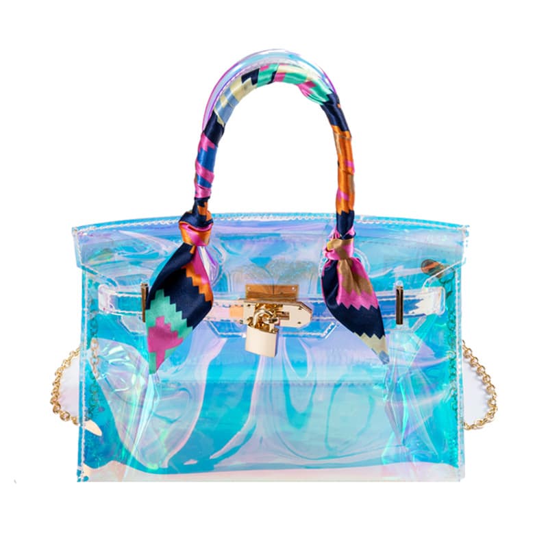 Korean style fashionable one-shoulder jelly bag, laser colored beach bag, platinum bag, handbag, one-shoulder transparent PVC bag for women