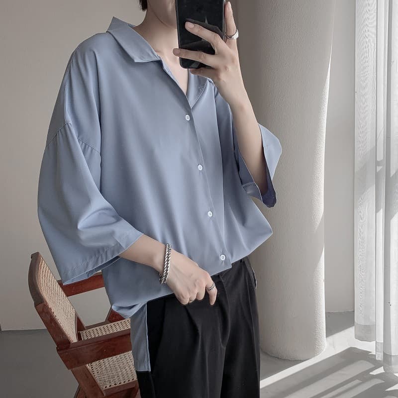 Hong Kong Style Summer Fresh Seven-Point Sleeve Shirt Men's Loose Casual Couple's All-Match Shirt Half-Sleeve Base Shirt