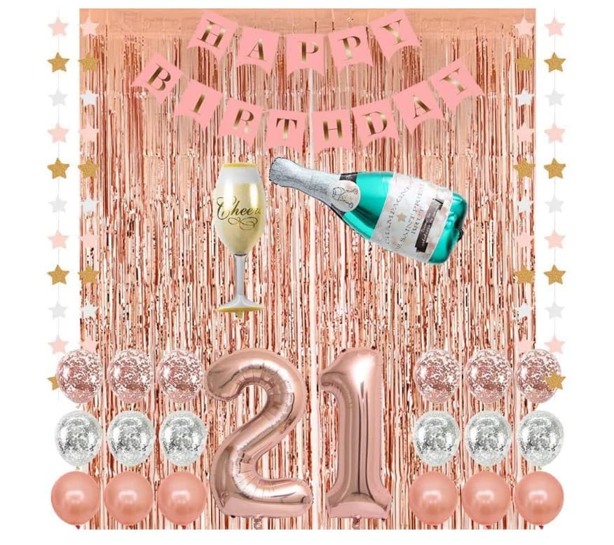 Rose Gold Theme 21st Birthday Party Decorations Pink Happy Birthday Banner Rose Gold Foil Tassel Curtain