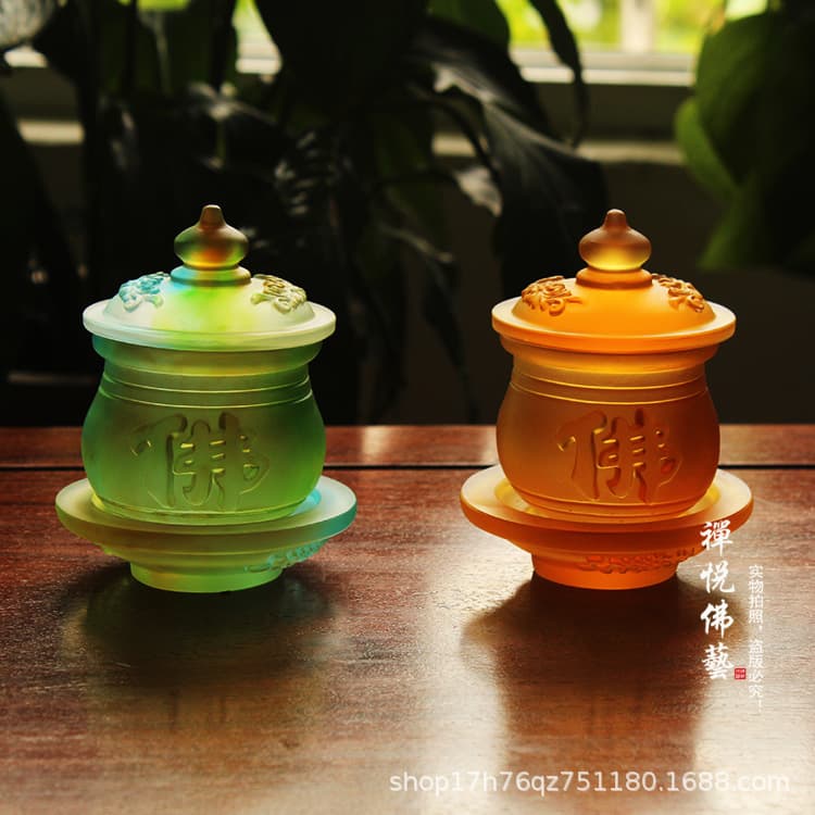 Ancient Method Lapis Lazuli "Buddha" Character Lotus Holy Water Cup Buddhist Offering Cup Great Compassion Water Tribute Tea Cup Colored Amber