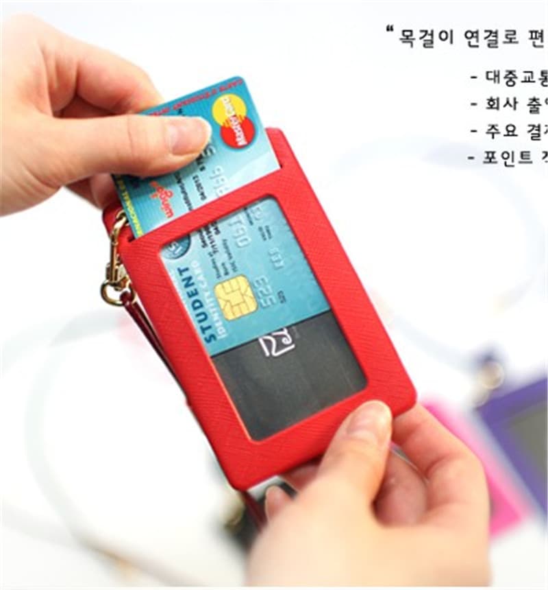 Korean-style PU Leather Colorful Unisex Work ID Badge Holder Neck Pouch Chest Card Case Transit Card Wallet with Lanyard