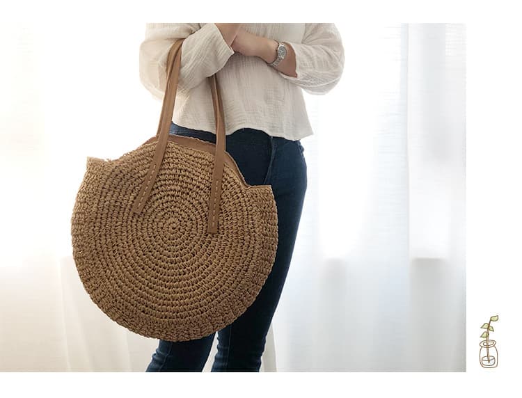 H family round straw bag new shoulder bag beach bag fashionable literary fresh women's bag