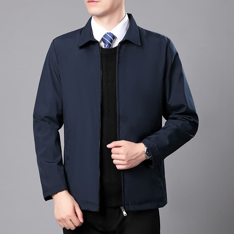 Casual Collared Men's Jacket Spring Autumn Fashionable Business Dad Clothes Polyester Fiber Long Sleeve Straight Hem Jacket